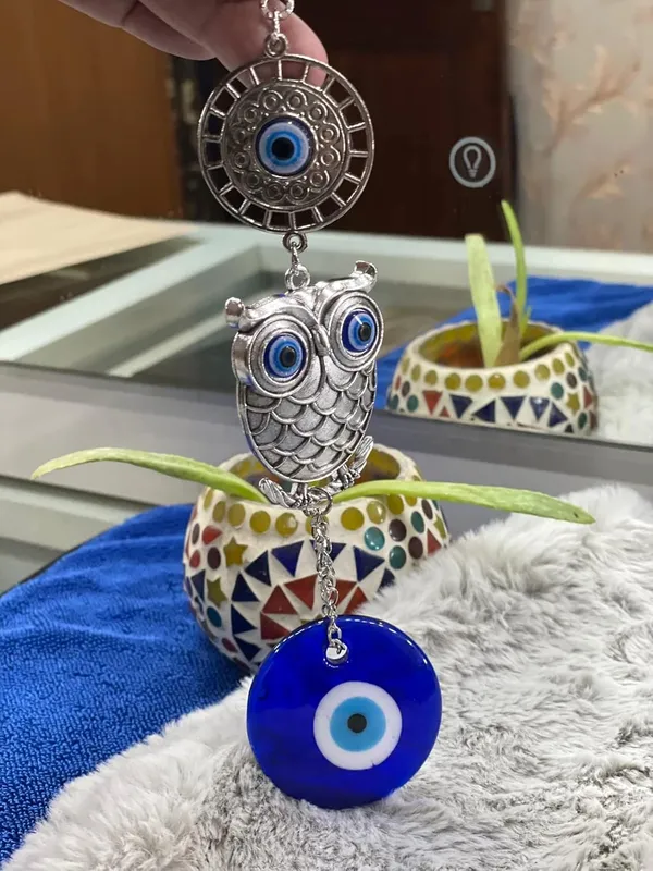 _Blue_Silver_Evil_Eye_Wall_Hanging_with_Owl_Pendant_Decoration,_Lucky_Hanging_Ornament_Amulet_for_Car,_Home_and_Office_for_Protection_and_Blessing