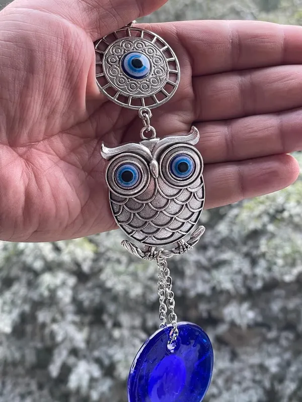 _Blue_Silver_Evil_Eye_Wall_Hanging_with_Owl_Pendant_Decoration,_Lucky_Hanging_Ornament_Amulet_for_Car,_Home_and_Office_for_Protection_and_Blessing