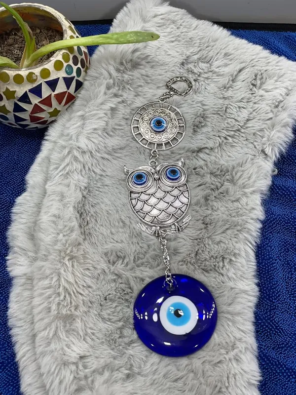 _Blue_Silver_Evil_Eye_Wall_Hanging_with_Owl_Pendant_Decoration,_Lucky_Hanging_Ornament_Amulet_for_Car,_Home_and_Office_for_Protection_and_Blessing