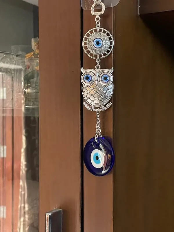 _Blue_Silver_Evil_Eye_Wall_Hanging_with_Owl_Pendant_Decoration,_Lucky_Hanging_Ornament_Amulet_for_Car,_Home_and_Office_for_Protection_and_Blessing