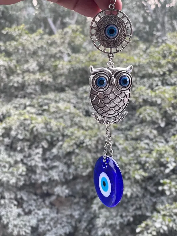_Blue_Silver_Evil_Eye_Wall_Hanging_with_Owl_Pendant_Decoration,_Lucky_Hanging_Ornament_Amulet_for_Car,_Home_and_Office_for_Protection_and_Blessing