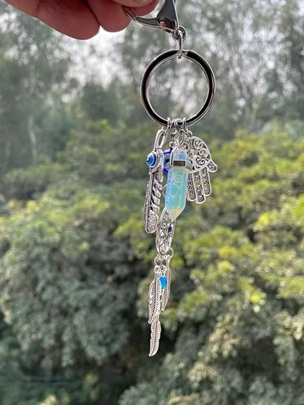 Pack_Of_2_Blue_&_Silver_New_Trending_Evil_Eye_Lucky_Hamsa_Leaf_With_Dream_Catcher_Car_Hanging_Key_Chain_Key_Ring__Metal