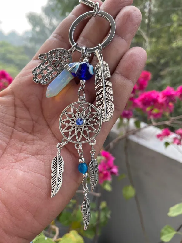 Pack_Of_2_Blue_&_Silver_New_Trending_Evil_Eye_Lucky_Hamsa_Leaf_With_Dream_Catcher_Car_Hanging_Key_Chain_Key_Ring__Metal