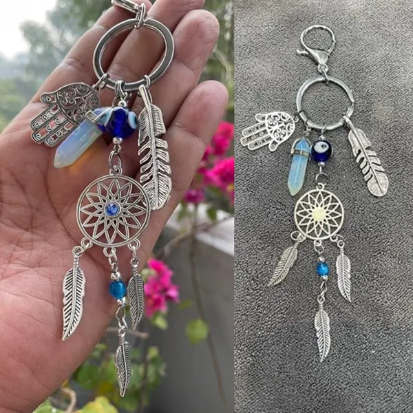 Pack_Of_2_Blue_&_Silver_New_Trending_Evil_Eye_Lucky_Hamsa_Leaf_With_Dream_Catcher_Car_Hanging_Key_Chain_Key_Ring__Metal