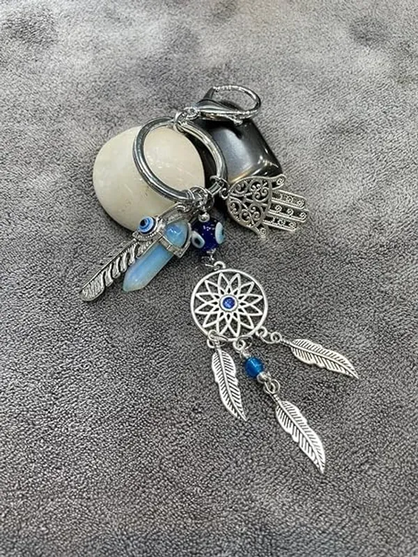 Pack_Of_2_Blue_&_Silver_New_Trending_Evil_Eye_Lucky_Hamsa_Leaf_With_Dream_Catcher_Car_Hanging_Key_Chain_Key_Ring__Metal