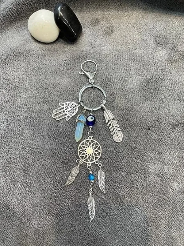 Pack_Of_2_Blue_&_Silver_New_Trending_Evil_Eye_Lucky_Hamsa_Leaf_With_Dream_Catcher_Car_Hanging_Key_Chain_Key_Ring__Metal