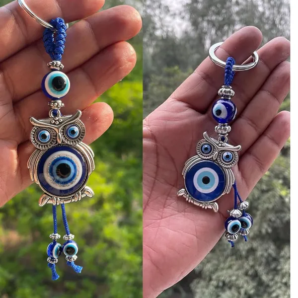 Pack_Of_2_Blue_&_Silver_Evil_Eye_With_Lucky_Owl_Keychain_For_Bike/Car_Gifting_With_Key_Ring_AntiRust