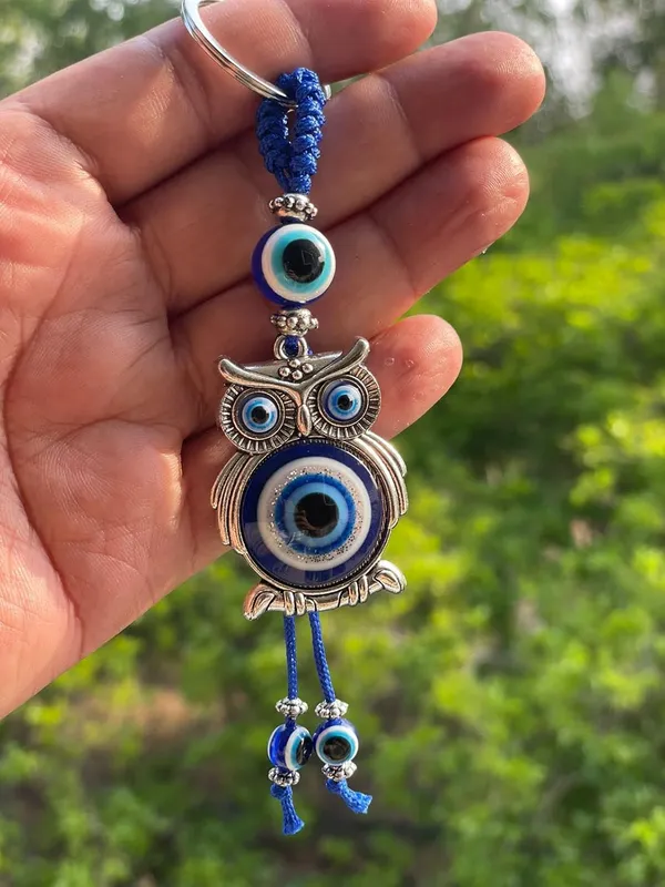 Pack_Of_2_Blue_&_Silver_Evil_Eye_With_Lucky_Owl_Keychain_For_Bike/Car_Gifting_With_Key_Ring_AntiRust