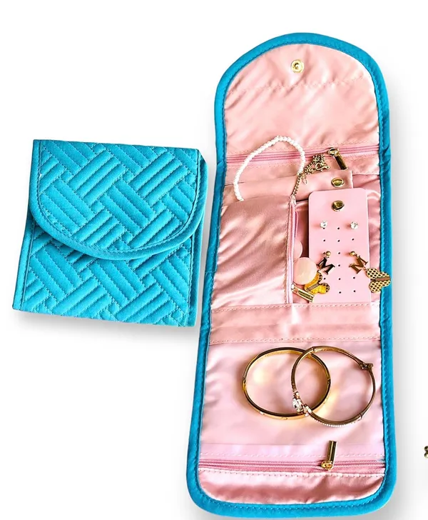 BLUE_BEADS_Small_Size_Foldable_Jewellery_Roll_Carrying_Portable_Jewellery_Organiser_for_Necklace,_Earrings,_Rings_etc_.Hanging_Jewellery_Storage_Bag_with_Zipper_Closure,_For_Women_Girls_(Turquoise)