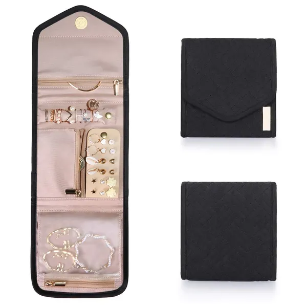 BLUE_BEADS_Small_Size_Foldable_Jewellery_Roll_Carrying_Portable_Jewellery_Organiser_for_Necklace,_Earrings,_Rings_etc_.Hanging_Jewellery_Storage_Bag_with_Zipper_Closure,_For_Women_Girls_(Black)