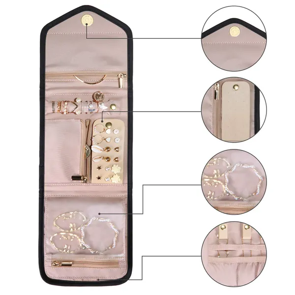 BLUE_BEADS_Small_Size_Foldable_Jewellery_Roll_Carrying_Portable_Jewellery_Organiser_for_Necklace,_Earrings,_Rings_etc_.Hanging_Jewellery_Storage_Bag_with_Zipper_Closure,_For_Women_Girls_(Black)