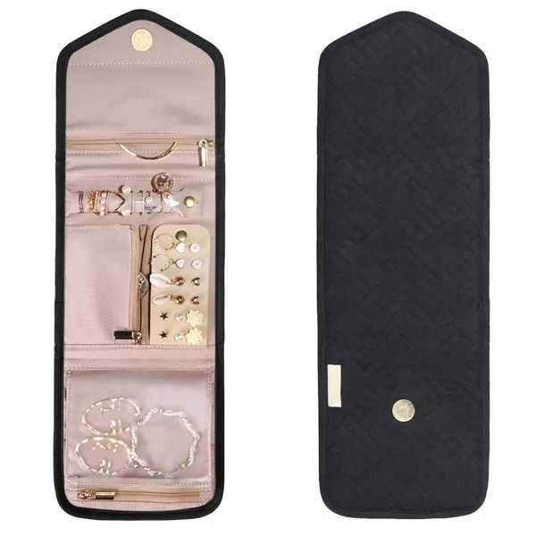 BLUE_BEADS_Small_Size_Foldable_Jewellery_Roll_Carrying_Portable_Jewellery_Organiser_for_Necklace,_Earrings,_Rings_etc_.Hanging_Jewellery_Storage_Bag_with_Zipper_Closure,_For_Women_Girls_(Black)