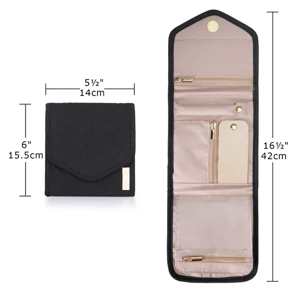 BLUE_BEADS_Small_Size_Foldable_Jewellery_Roll_Carrying_Portable_Jewellery_Organiser_for_Necklace,_Earrings,_Rings_etc_.Hanging_Jewellery_Storage_Bag_with_Zipper_Closure,_For_Women_Girls_(Black)