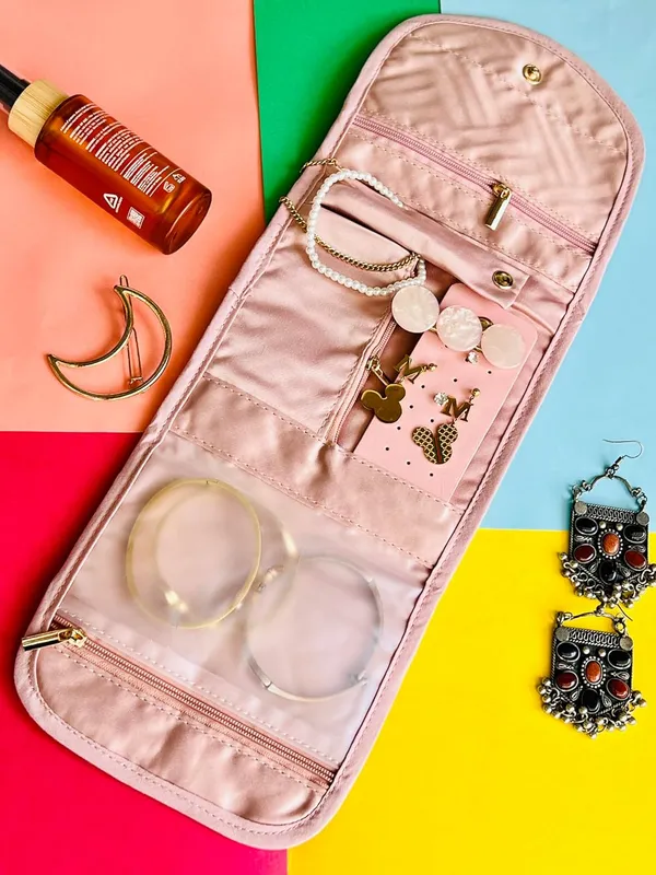 BLUE_BEADS_Small_Size_Foldable_Jewellery_Roll_Carrying_Portable_Jewellery_Organiser_for_Necklace,_Earrings,_Rings_etc_.Hanging_Jewellery_Storage_Bag_with_Zipper_Closure,_For_Women_Girls_(Pink)