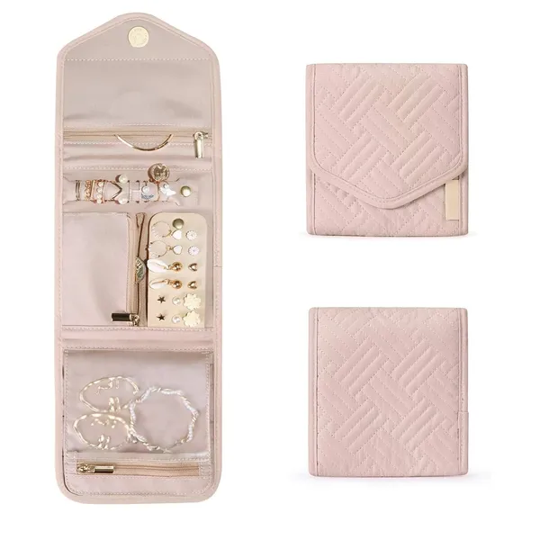 BLUE_BEADS_Small_Size_Foldable_Jewellery_Roll_Carrying_Portable_Jewellery_Organiser_for_Necklace,_Earrings,_Rings_etc_.Hanging_Jewellery_Storage_Bag_with_Zipper_Closure,_For_Women_Girls_(Pink)
