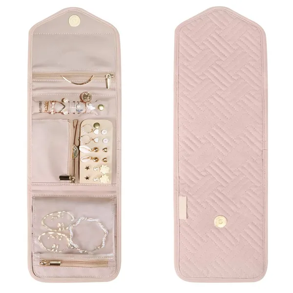 BLUE_BEADS_Small_Size_Foldable_Jewellery_Roll_Carrying_Portable_Jewellery_Organiser_for_Necklace,_Earrings,_Rings_etc_.Hanging_Jewellery_Storage_Bag_with_Zipper_Closure,_For_Women_Girls_(Pink)