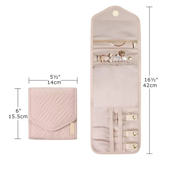 BLUE_BEADS_Small_Size_Foldable_Jewellery_Roll_Carrying_Portable_Jewellery_Organiser_for_Necklace,_Earrings,_Rings_etc_.Hanging_Jewellery_Storage_Bag_with_Zipper_Closure,_For_Women_Girls_(Pink)