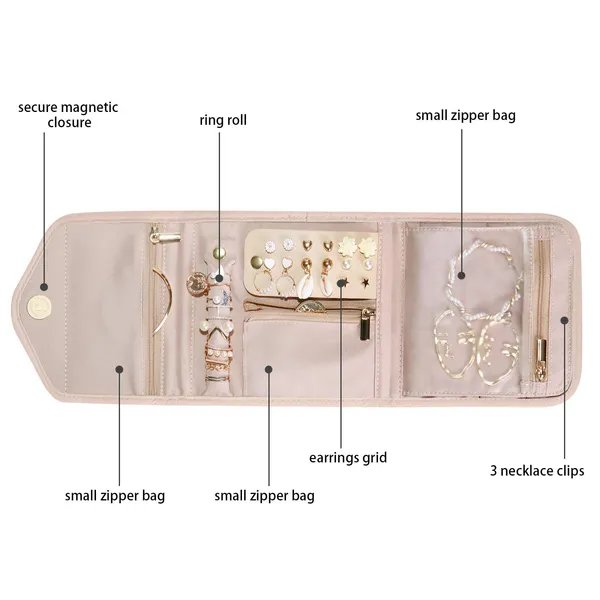BLUE_BEADS_Small_Size_Foldable_Jewellery_Roll_Carrying_Portable_Jewellery_Organiser_for_Necklace,_Earrings,_Rings_etc_.Hanging_Jewellery_Storage_Bag_with_Zipper_Closure,_For_Women_Girls_(Pink)