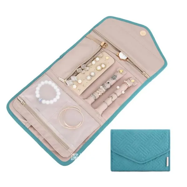 BLUE_BEADS_Big_Size_Foldable_Jewellery_Roll_Carrying_Portable_Jewellery_Organiser_for_Necklace,_Earrings,_Rings_etc_.Hanging_Jewellery_Storage_Bag_with_Zipper_Closure,_For_Women_Girls_(Turqoise)
