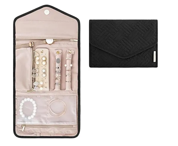 BLUE_BEADS_Big_Size_Foldable_Jewellery_Roll_Carrying_Portable_Jewellery_Organiser_for_Necklace,_Earrings,_Rings_etc_.Hanging_Jewellery_Storage_Bag_with_Zipper_Closure,_For_Women_Girls_(Black)