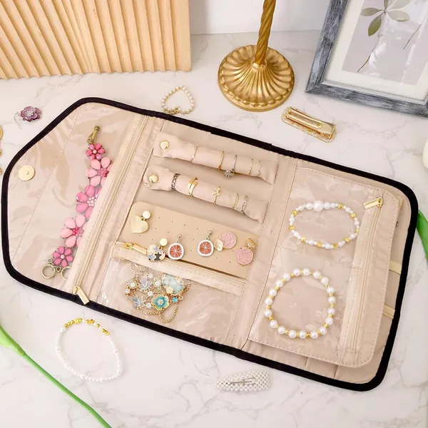 BLUE_BEADS_Big_Size_Foldable_Jewellery_Roll_Carrying_Portable_Jewellery_Organiser_for_Necklace,_Earrings,_Rings_etc_.Hanging_Jewellery_Storage_Bag_with_Zipper_Closure,_For_Women_Girls_(Black)