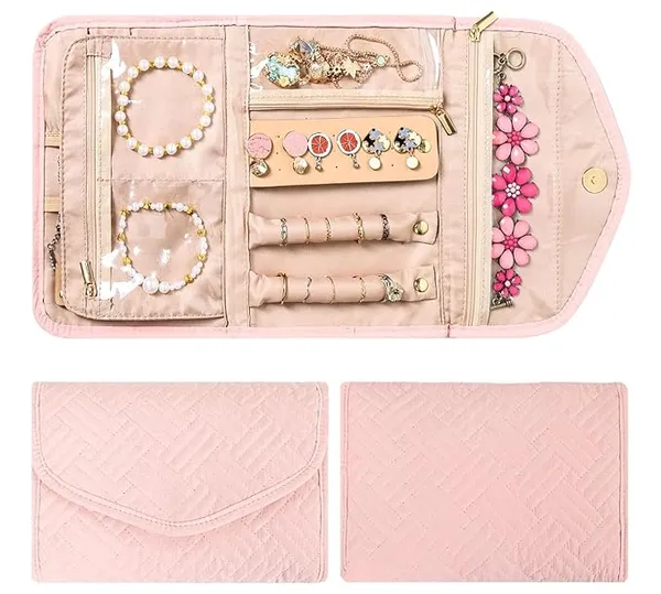 BLUE_BEADS_Big_Size_Foldable_Jewellery_Roll_Carrying_Portable_Jewellery_Organiser_for_Necklace,_Earrings,_Rings_etc_.Hanging_Jewellery_Storage_Bag_with_Zipper_Closure,_For_Women_Girls_(Pink)