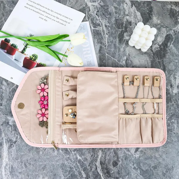 BLUE_BEADS_Big_Size_Foldable_Jewellery_Roll_Carrying_Portable_Jewellery_Organiser_for_Necklace,_Earrings,_Rings_etc_.Hanging_Jewellery_Storage_Bag_with_Zipper_Closure,_For_Women_Girls_(Pink)
