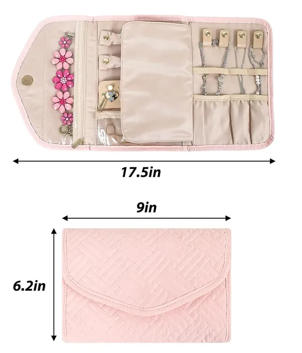 BLUE_BEADS_Big_Size_Foldable_Jewellery_Roll_Carrying_Portable_Jewellery_Organiser_for_Necklace,_Earrings,_Rings_etc_.Hanging_Jewellery_Storage_Bag_with_Zipper_Closure,_For_Women_Girls_(Pink)
