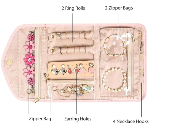 BLUE_BEADS_Big_Size_Foldable_Jewellery_Roll_Carrying_Portable_Jewellery_Organiser_for_Necklace,_Earrings,_Rings_etc_.Hanging_Jewellery_Storage_Bag_with_Zipper_Closure,_For_Women_Girls_(Pink)