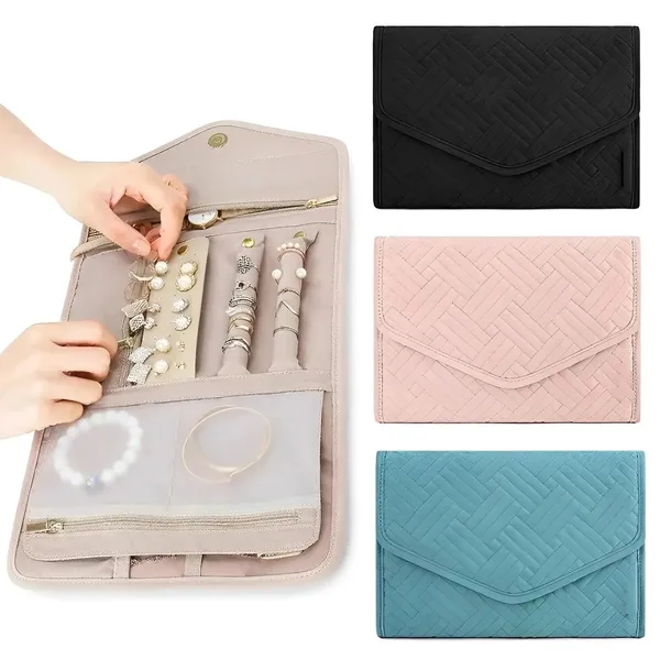 BLUE_BEADS_Big_Size_Foldable_Jewellery_Roll_Carrying_Portable_Jewellery_Organiser_for_Necklace,_Earrings,_Rings_etc_.Hanging_Jewellery_Storage_Bag_with_Zipper_Closure,_For_Women_Girls_(Pink)