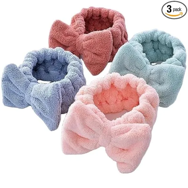 BLUE_BEADS_PACK_OF_3_Spa_Headband_for_Women,_Facial_Makeup_Headband_Soft_Coral_Fleece_Cosmetic_Headband_for_Women_Girls_Bow_Hair_Band_Head_Wraps_for_Washing_Face_Mask_Spa_Shower_Gifts_(ANY_COLOUR)_(FB02,