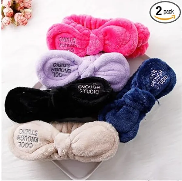 BLUE_BEADS_2_Pack_Bow_Hair_Band_Women_Facial_Makeup_Head_Band_Soft_Coral_Fleece_Head_Wraps_For_Shower_Washing_Face