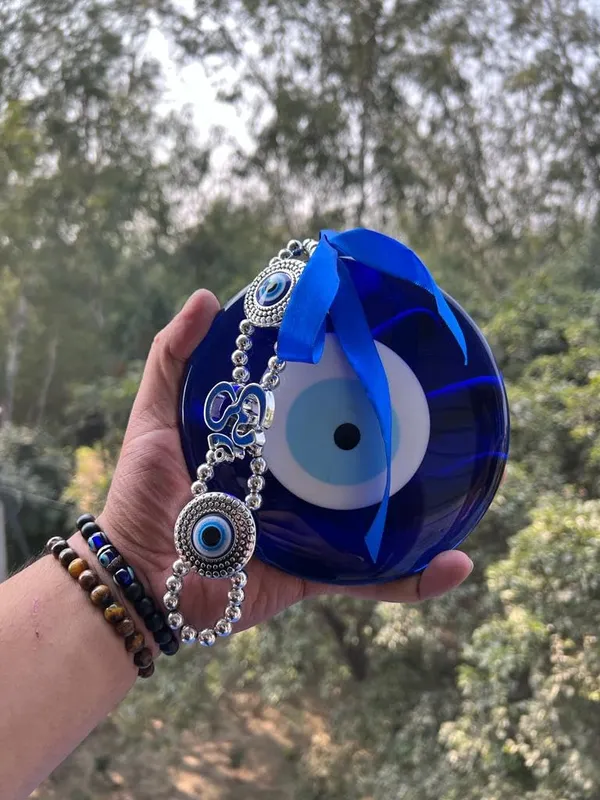 _Evil_Eye_Wall_Hanging_Feng_Shui_Vastu_Blue_Big_Glass_for_Diwali_Gifts_for_Door_Hanging_Nazar_Suraksha_Protection_Good_Luck_Home/Office_(X_Large),_Turkish_Amulet_Decoration_Home_(Silver_Om)