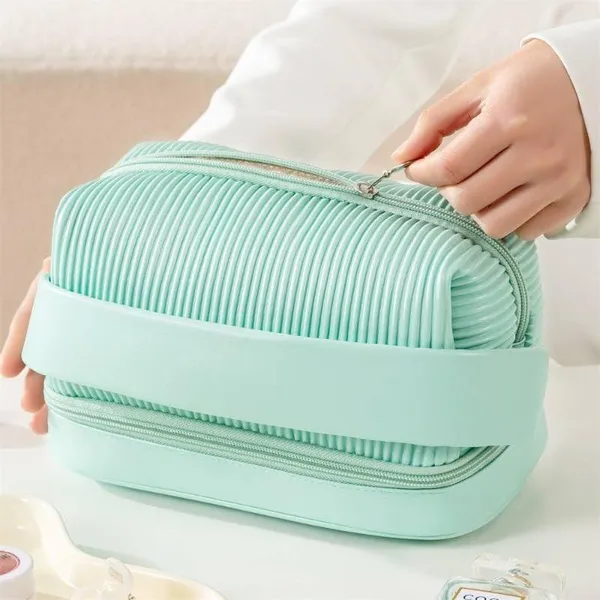 BLUE_BEADS_Double_Layer_Cosmetic_Vanity_Bag_Pu_Leather_With_Makeup_Brush_Bag_Multifunction_Toiletries_Organizer_Toiletry_Bag_For_Women_And_Girls,16_Cm(Green)