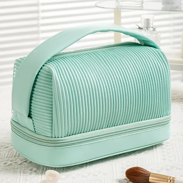BLUE_BEADS_Double_Layer_Cosmetic_Vanity_Bag_Pu_Leather_With_Makeup_Brush_Bag_Multifunction_Toiletries_Organizer_Toiletry_Bag_For_Women_And_Girls,16_Cm(Green)