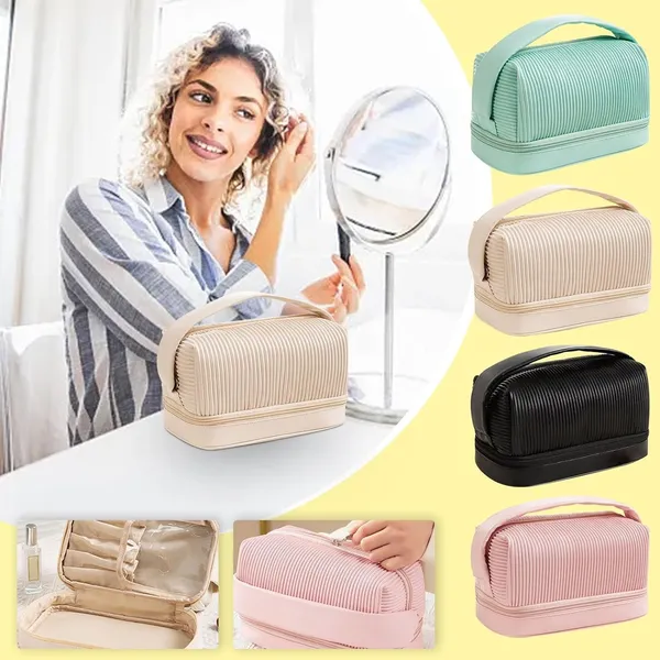 BLUE_BEADS_Double_Layer_Cosmetic_Vanity_Bag_Pu_Leather_With_Makeup_Brush_Bag_Multifunction_Toiletries_Organizer_Toiletry_Bag_For_Women_And_Girls,16_Cm(Green)