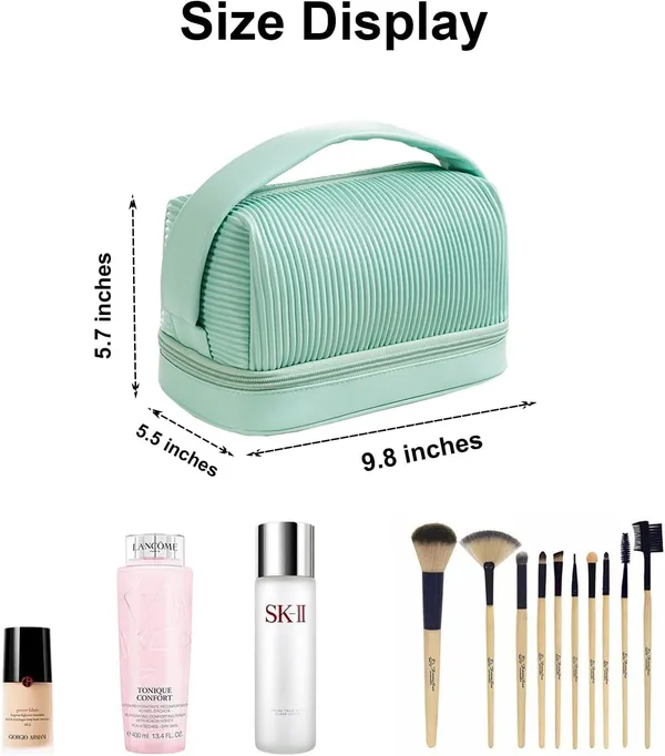 BLUE_BEADS_Double_Layer_Cosmetic_Vanity_Bag_Pu_Leather_With_Makeup_Brush_Bag_Multifunction_Toiletries_Organizer_Toiletry_Bag_For_Women_And_Girls,16_Cm(Green)