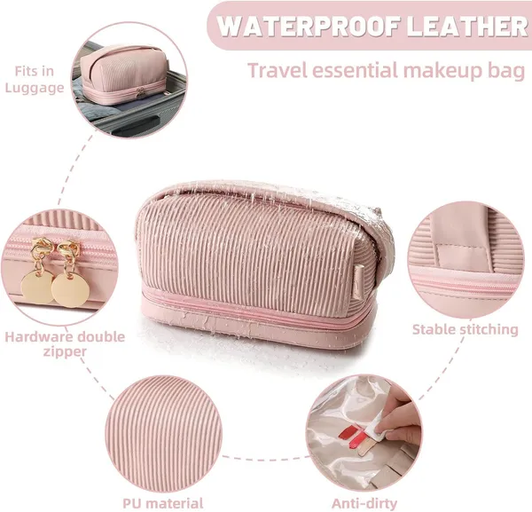 BLUE_BEADS_Double_Layer_Cosmetic_Vanity_Bag_Pu_Leather_With_Makeup_Brush_Bag_Multifunction_Toiletries_Organizer_Toiletry_Bag_For_Women_And_Girls,16_Cm(Pink)