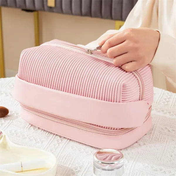 BLUE_BEADS_Double_Layer_Cosmetic_Vanity_Bag_Pu_Leather_With_Makeup_Brush_Bag_Multifunction_Toiletries_Organizer_Toiletry_Bag_For_Women_And_Girls,16_Cm(Pink)