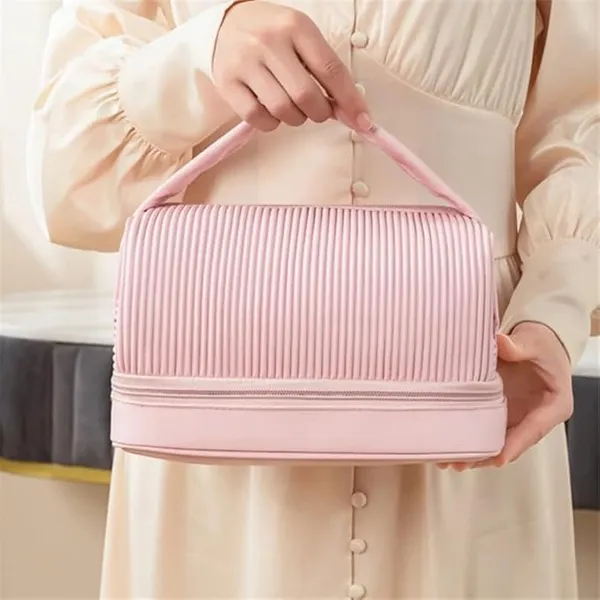 BLUE_BEADS_Double_Layer_Cosmetic_Vanity_Bag_Pu_Leather_With_Makeup_Brush_Bag_Multifunction_Toiletries_Organizer_Toiletry_Bag_For_Women_And_Girls,16_Cm(Pink)