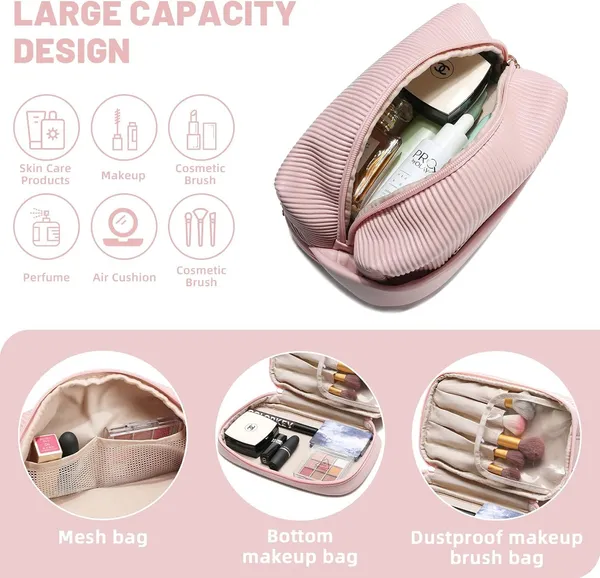BLUE_BEADS_Double_Layer_Cosmetic_Vanity_Bag_Pu_Leather_With_Makeup_Brush_Bag_Multifunction_Toiletries_Organizer_Toiletry_Bag_For_Women_And_Girls,16_Cm(Pink)