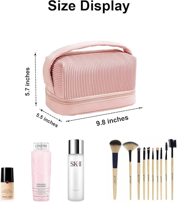 BLUE_BEADS_Double_Layer_Cosmetic_Vanity_Bag_Pu_Leather_With_Makeup_Brush_Bag_Multifunction_Toiletries_Organizer_Toiletry_Bag_For_Women_And_Girls,16_Cm(Pink)