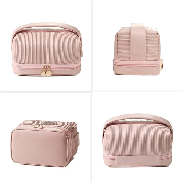 BLUE_BEADS_Double_Layer_Cosmetic_Vanity_Bag_Pu_Leather_With_Makeup_Brush_Bag_Multifunction_Toiletries_Organizer_Toiletry_Bag_For_Women_And_Girls,16_Cm(Pink)
