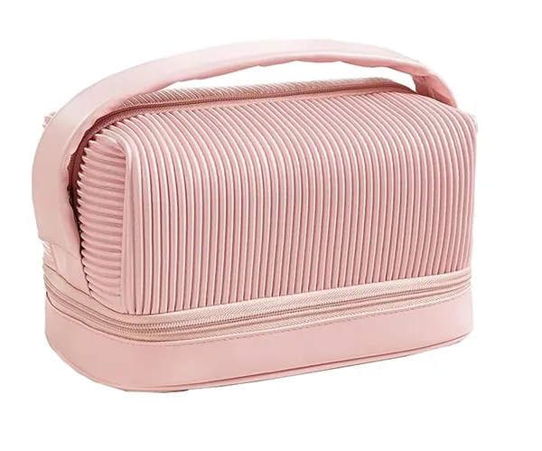 BLUE_BEADS_Double_Layer_Cosmetic_Vanity_Bag_Pu_Leather_With_Makeup_Brush_Bag_Multifunction_Toiletries_Organizer_Toiletry_Bag_For_Women_And_Girls,16_Cm(Pink)