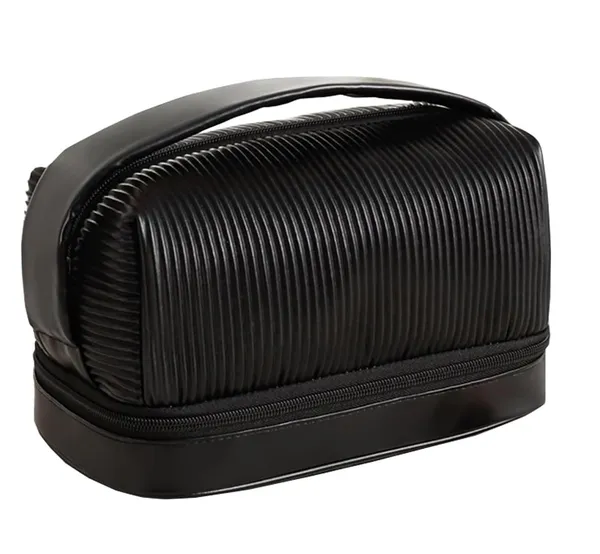 BLUE_BEADS_Double_Layer_Cosmetic_Vanity_Bag_Pu_Leather_With_Makeup_Brush_Bag_Multifunction_Toiletries_Organizer_Toiletry_Bag_For_Women_And_Girls,16_Cm(Black)