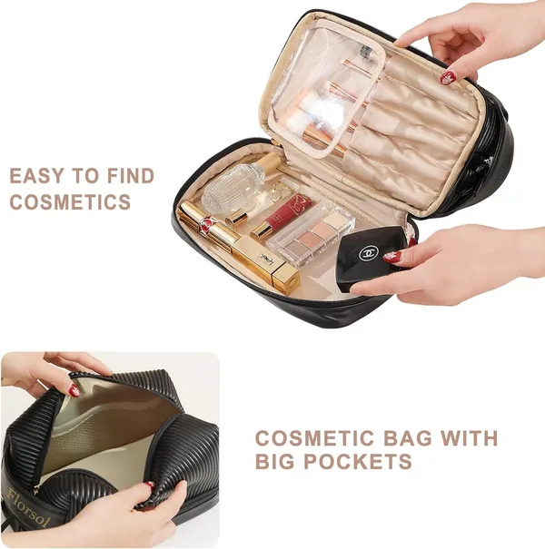 BLUE_BEADS_Double_Layer_Cosmetic_Vanity_Bag_Pu_Leather_With_Makeup_Brush_Bag_Multifunction_Toiletries_Organizer_Toiletry_Bag_For_Women_And_Girls,16_Cm(Black)