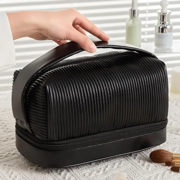 BLUE_BEADS_Double_Layer_Cosmetic_Vanity_Bag_Pu_Leather_With_Makeup_Brush_Bag_Multifunction_Toiletries_Organizer_Toiletry_Bag_For_Women_And_Girls,16_Cm(Black)
