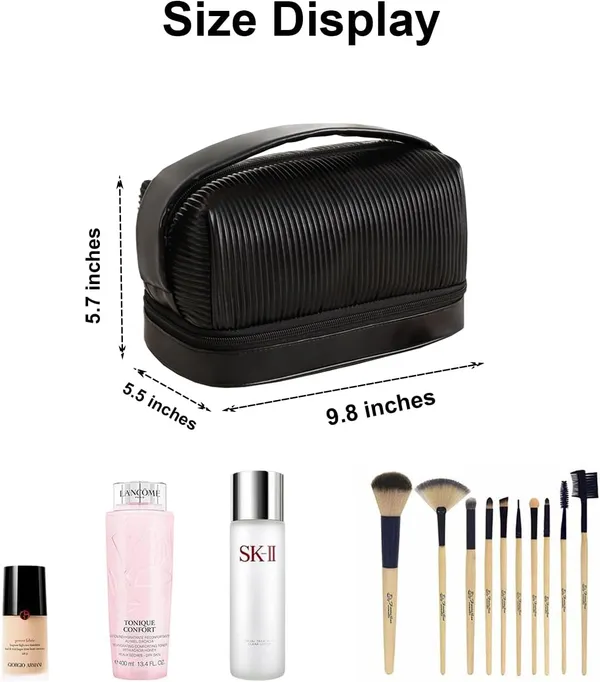 BLUE_BEADS_Double_Layer_Cosmetic_Vanity_Bag_Pu_Leather_With_Makeup_Brush_Bag_Multifunction_Toiletries_Organizer_Toiletry_Bag_For_Women_And_Girls,16_Cm(Black)