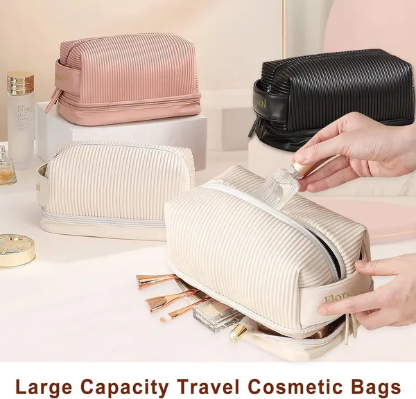 BLUE_BEADS_Double_Layer_Cosmetic_Vanity_Bag_Pu_Leather_With_Makeup_Brush_Bag_Multifunction_Toiletries_Organizer_Toiletry_Bag_For_Women_And_Girls,16_Cm(Black)
