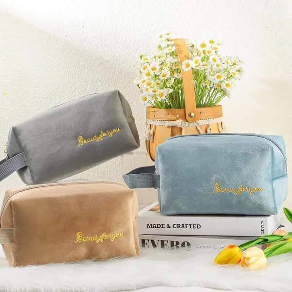 BLUE_BEADS_Set_of_2_Pcs_Simple_Glossy_Cosmetic_Velvet_Makeup_Organiser_Pouch_Portable_Travel_Toiletry_Bag_for_Women_and_Girls_(Grey)